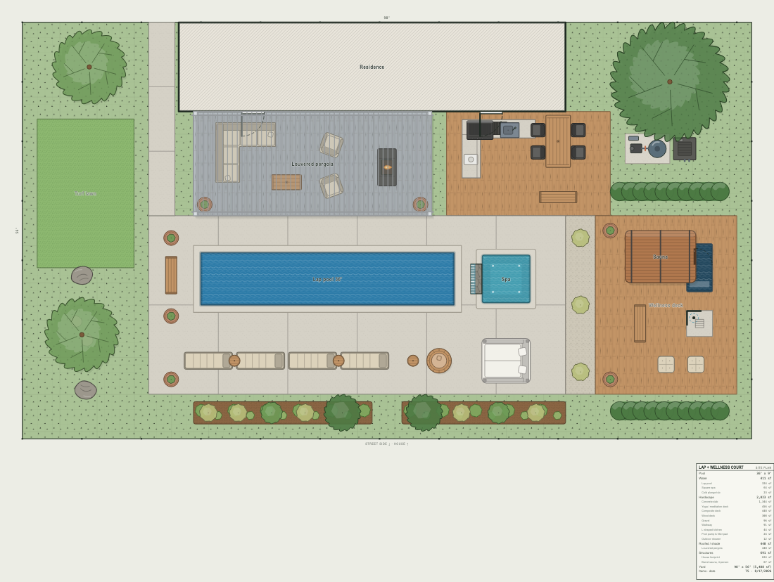Site plan of a modern backyard with a 36 foot lap pool, square spa, louvered pergola lounge, outdoor kitchen and a wellness deck with barrel sauna and cold plunge